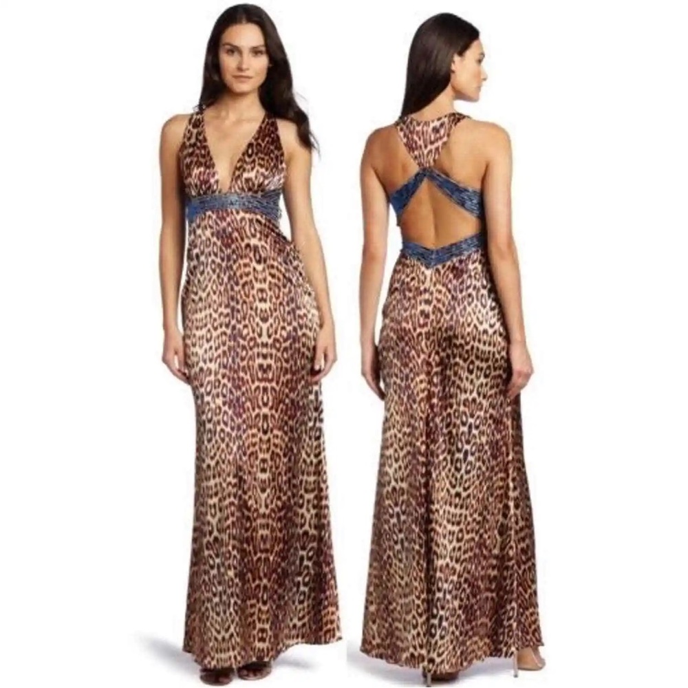 NWT Jessica Simpson Leopard V-Neck Beaded Halter Maxi Dress, Size 8  Retail $198